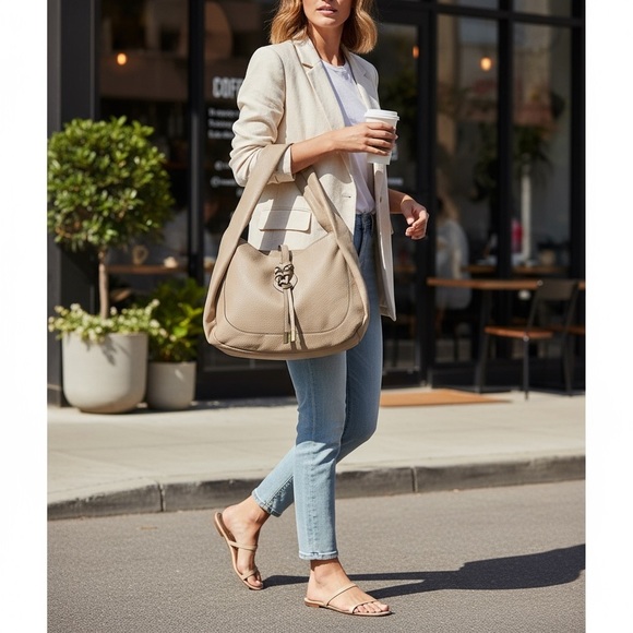 Taupe Faux Leather Hobo Shoulder Bag with Knot Detail - Picture 2 of 7